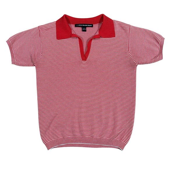 Vintage Red White Striped Knit Polo Top Short Sleeve Women’s Small Ellen Tracy - Picture 1 of 7